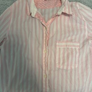Pink and white striped Victoria's Secret shirt with polka dot lining button up